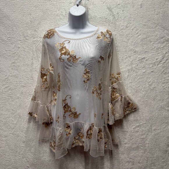 Soft Surroundings Embroidered Mesh Tunic Top Womens XL White Floral Bell Sleeve - Picture 1 of 15